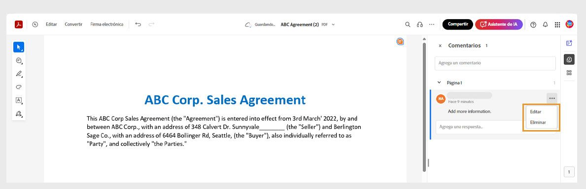 El comentario seleccionado en el panel Comentarios incluye un icono de tres puntos, que contiene las opciones para Editar o Eliminar.