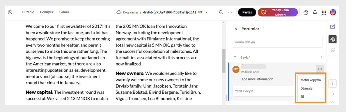 Yorumlar bölmesinde seçilen yorum, Düzenleme veya Silme seçeneklerini içeren üç noktalı bir simge içerir.