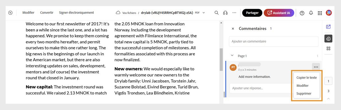 Le commentaire sélectionné dans le panneau Commentaires comprend une icône à trois points, qui contient les options permettant de le modifier ou de le supprimer.