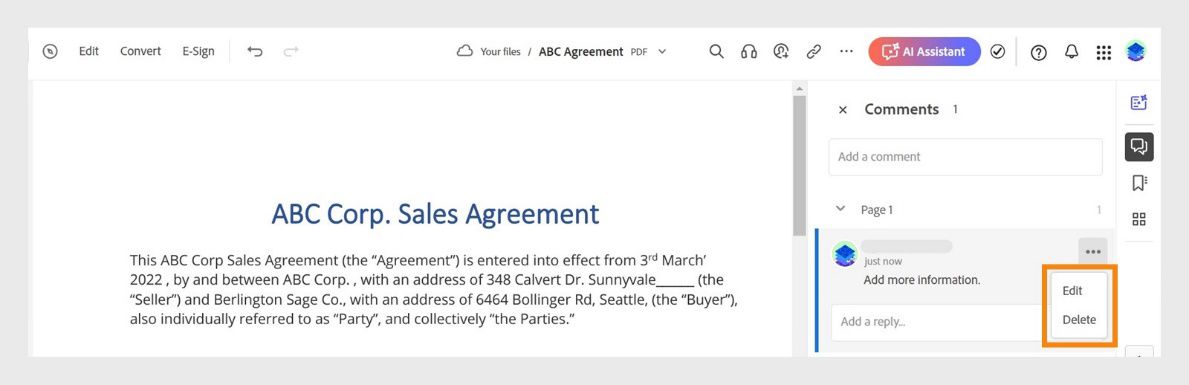 Вибраний коментар на панелі «Коментарі» має значок із трьома крапками, який містить команди «Редагувати» або «Видалити».