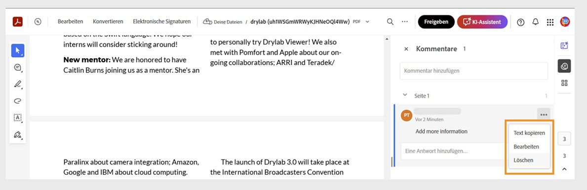 Der ausgewählte Kommentar im Kommentarbereich enthält ein Symbol mit drei Punkten, das die Optionen Bearbeiten oder Löschen enthält.