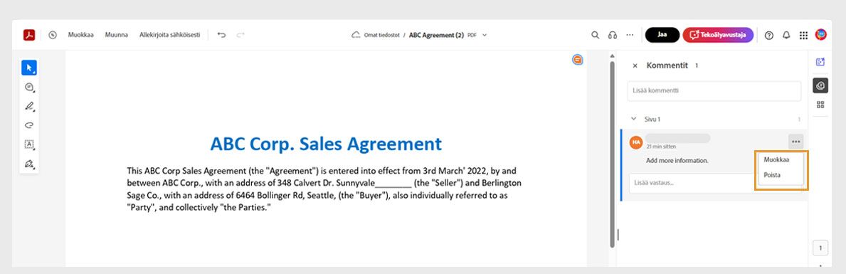 Kommentit-ruudussa valittuun kommenttiin liittyy kolme pistettä sisältävä kuvake, johon sisältyy sen muokkaus- tai poistovaihtoehdot.