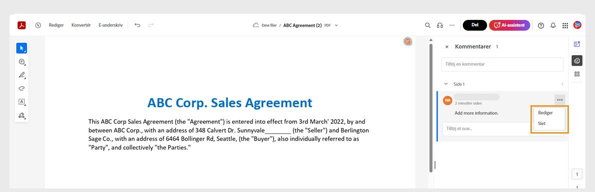 Den markerede kommentar i ruden Kommentarer indeholder et ikon med tre prikker, som indeholder indstillinger til at redigere eller slette den.