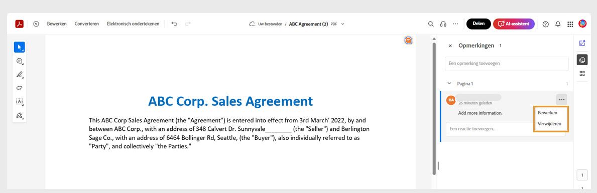 De geselecteerde opmerking in het deelvenster Opmerkingen bevat een pictogram met drie punten dat de opties voor het bewerken of verwijderen ervan bevat.
