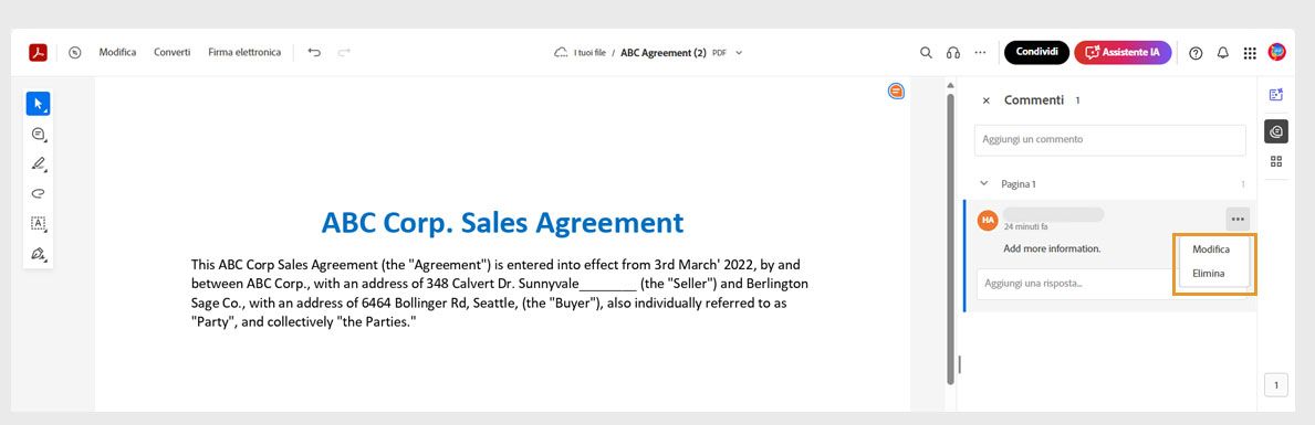 Il commento selezionato nel riquadro Commenti che include un’icona a tre punti con le opzioni per modificarlo o eliminarlo.