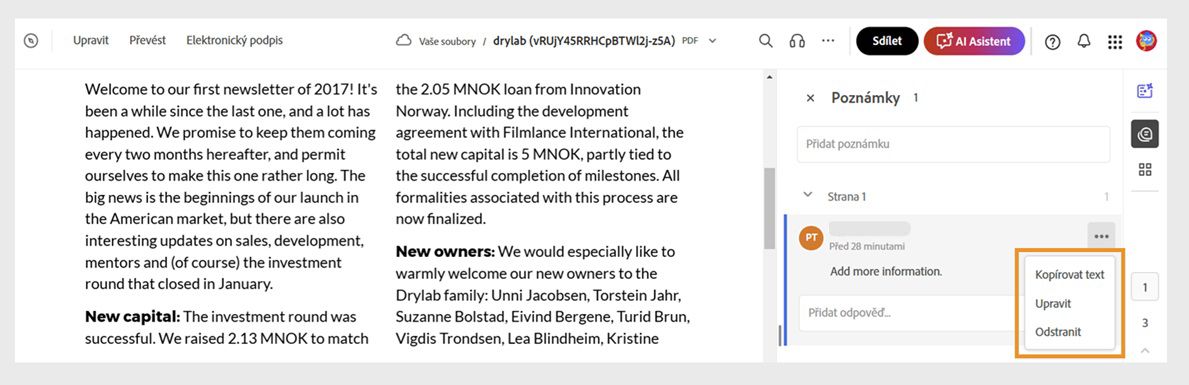 Vybraná poznámka v podokně Poznámky obsahuje ikonu se třemi tečkami, která obsahuje možnosti Upravit nebo Odstranit.