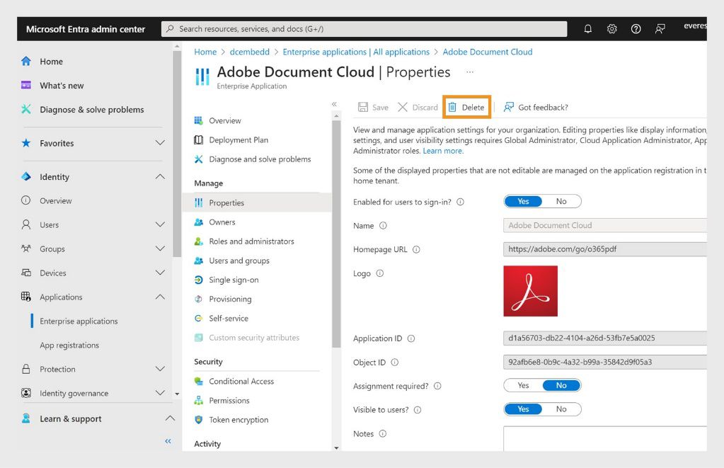דף מאפייני היישום הארגוני שנבחר מציג את הלחצן 'מחק’ כשהוא מסומן בכתום.