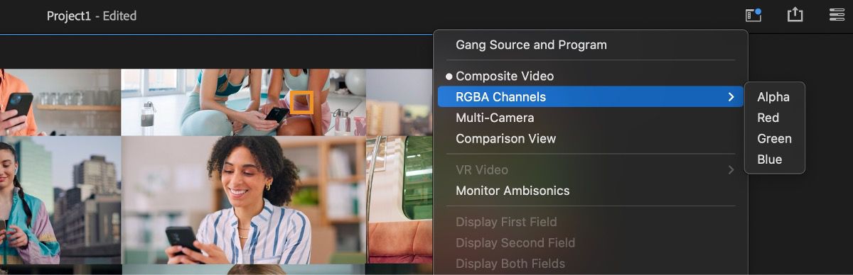 Il menu delle impostazioni per il Monitor programma mostra varie modalità selezionabili.Attualmente, il sottomenu Canali RGBA è espanso e mostra le opzioni per Alfa, Rosso, Verde e Blu.