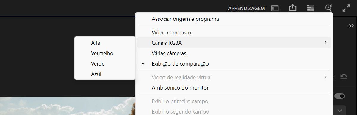 O menu de Configurações do Monitor de Programa exibe vários modos selecionáveis.Atualmente, o submenu “Canais RGBA” está expandido, mostrando opções de alfa, vermelho, verde e azul.