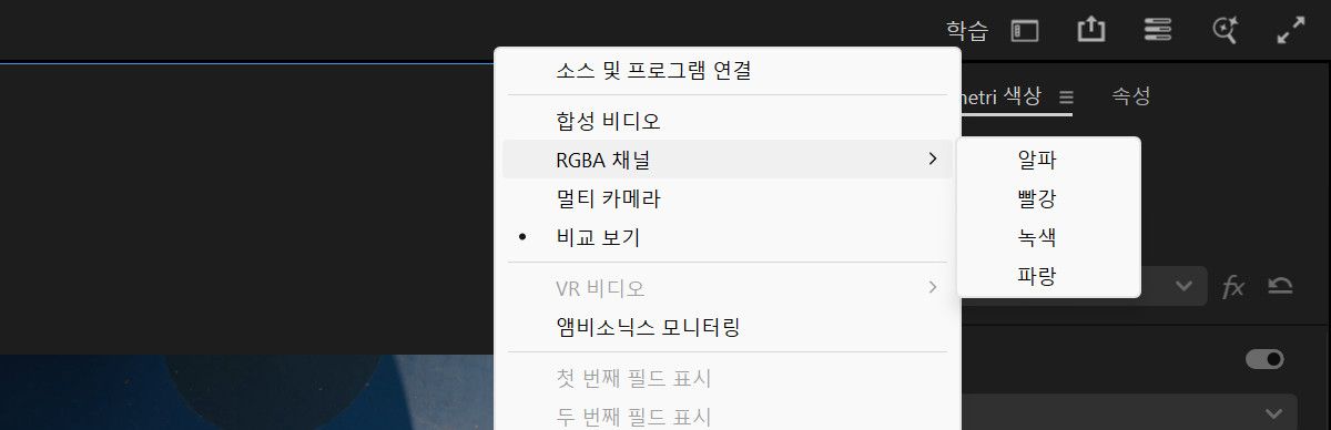 프로그램 모니터의 [설정] 메뉴에 다양한 선택 가능한 모드가 표시됩니다.현재 RGBA 채널 하위 메뉴가 확장되어 Alpha, Red, Green, Blue에 대한 옵션이 표시됩니다.