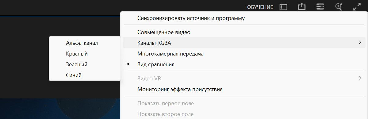 Меню настроек для Program Monitor отображает различные режимы, которые можно выбрать.В данный момент подменю &quot;Каналы RGBA&quot; развернуто, показывая параметры для Alpha, красный, зеленый и синий.