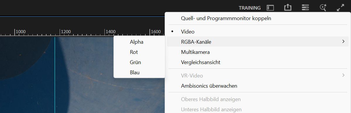 Das Einstellungen-Menü für den Programmmonitor zeigt verschiedene auswählbare Modi an.Derzeit ist das Untermenü „RGBA-Kanäle“ erweitert und zeigt Optionen für „Alpha“, „Rot“, „Grün“ und „Blau“ an.