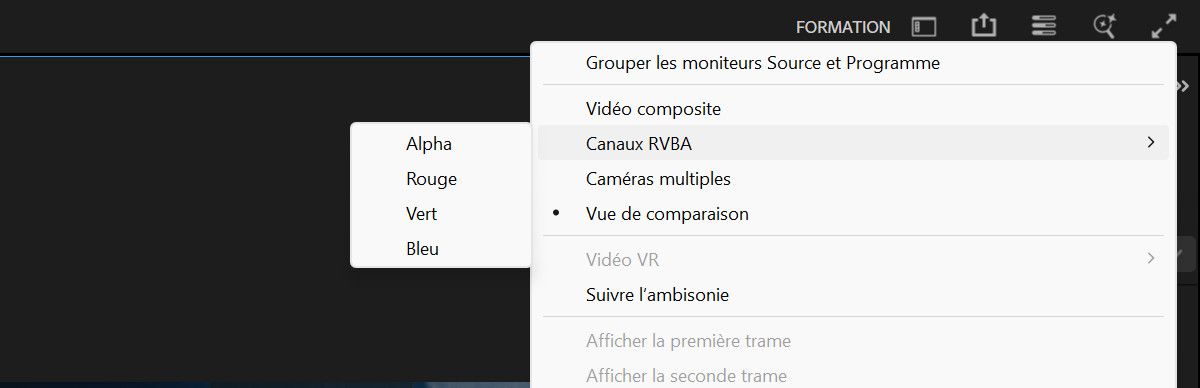 Le menu Paramètres du moniteur de programme affiche différents modes sélectionnables.Actuellement, le sous-menu Couches RVBA est développé, montrant les options pour Alpha, Rouge, Vert et Bleu.