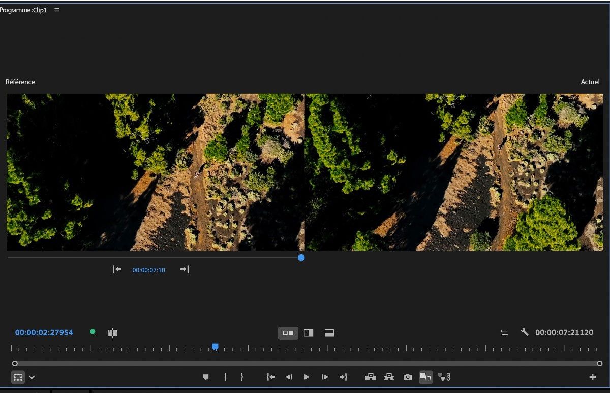 La comparaison côte à côte dans le moniteur du programme qui montre une image de référence sélectionnée en faisant défiler jusqu’à une autre image à l’aide du code temporel prenant en charge ce type d’opération.