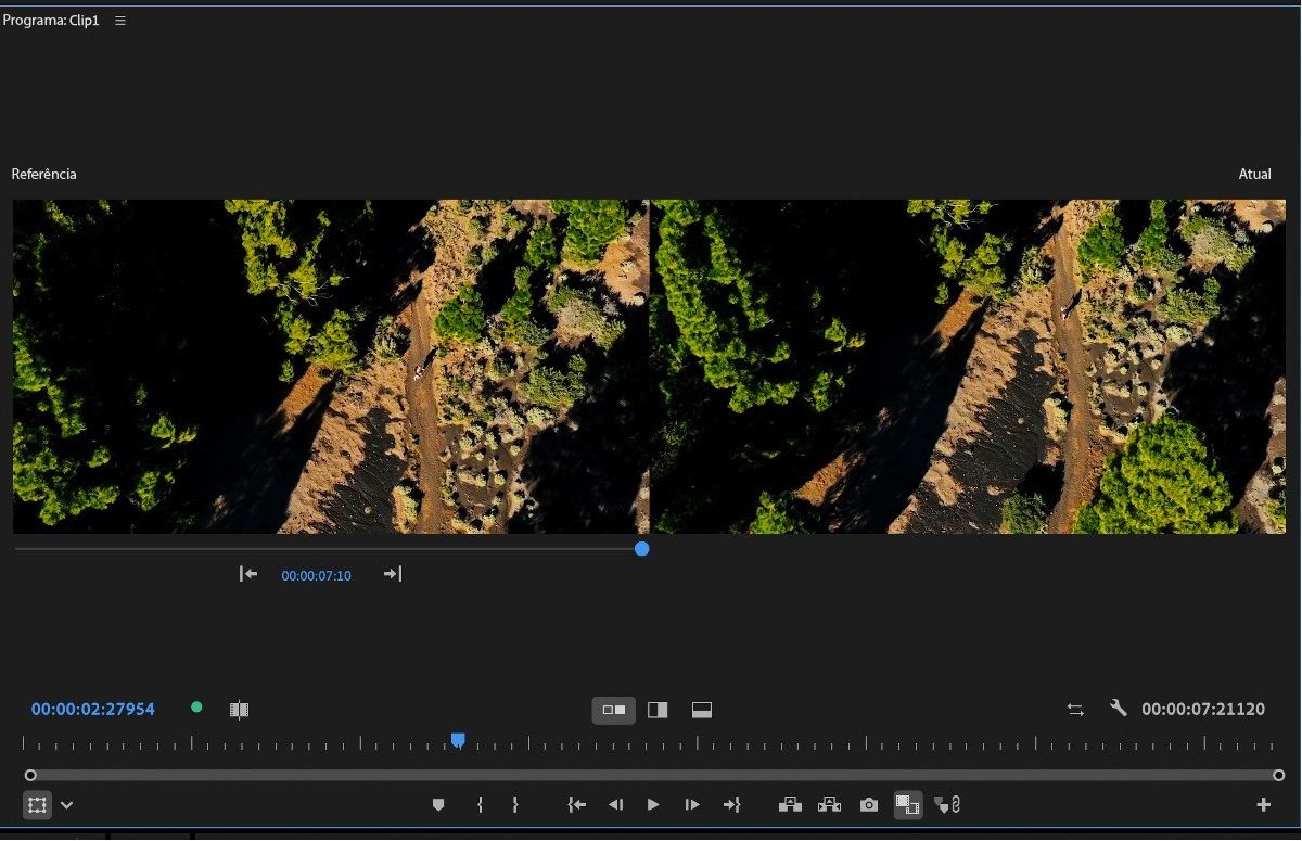 A comparação lado a lado no monitor de programa mostra um quadro de referência selecionado ao arrastar para um quadro diferente com o timecode arrastável.