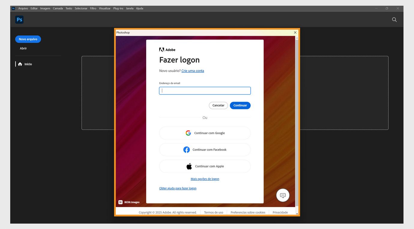 O prompt de logon dos aplicativos da Creative Cloud mostra o campo para digitar o seu endereço de email e as opções de continuar ou cancelar, obter ajuda para fazer logon, criar uma nova conta e fazer logon com uma conta de redes sociais. 