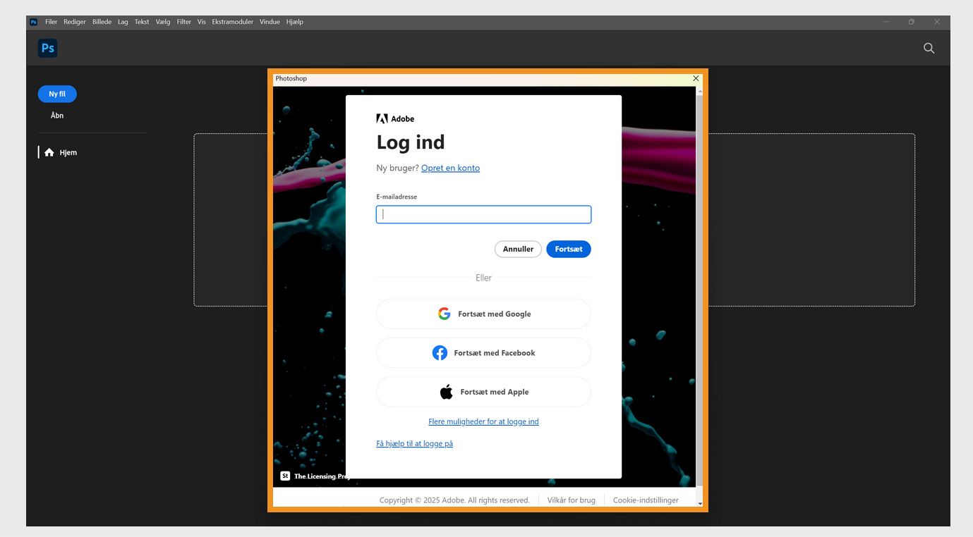Meddelelsen om Log ind i Creative Cloud-apps viser feltet til at skrive din mailadresse og muligheden for at fortsætte eller annullere, få hjælp til at logge ind, oprette en ny konto og logge ind med en social konto. 