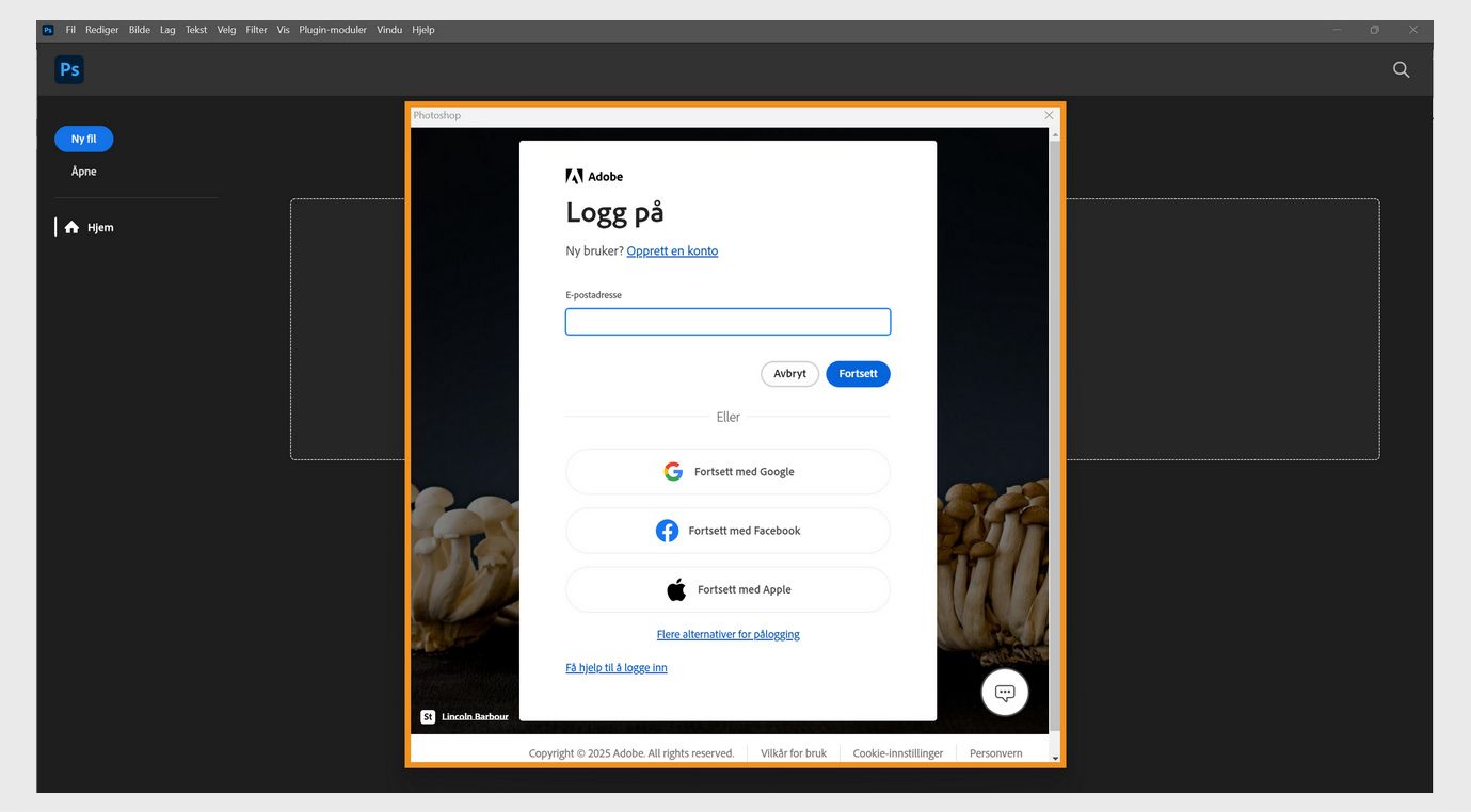 Påloggingshjelpeteksten i Creative Cloud-appene viser feltet for å skrive inn e-postadressen din og alternativer for å fortsette eller Avbryt, få hjelp til å logge på, opprette en ny konto og logge på med en sosial konto.