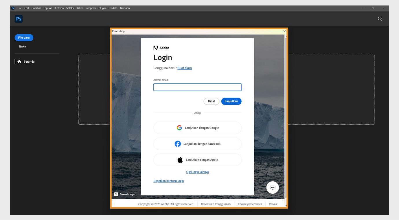 Prompt login di aplikasi Creative Cloud menampilkan kolom untuk mengetikkan alamat email Anda dan opsi untuk melanjutkan atau membatalkan, mendapatkan bantuan untuk login, membuat akun baru, dan login menggunakan akun media sosial. 