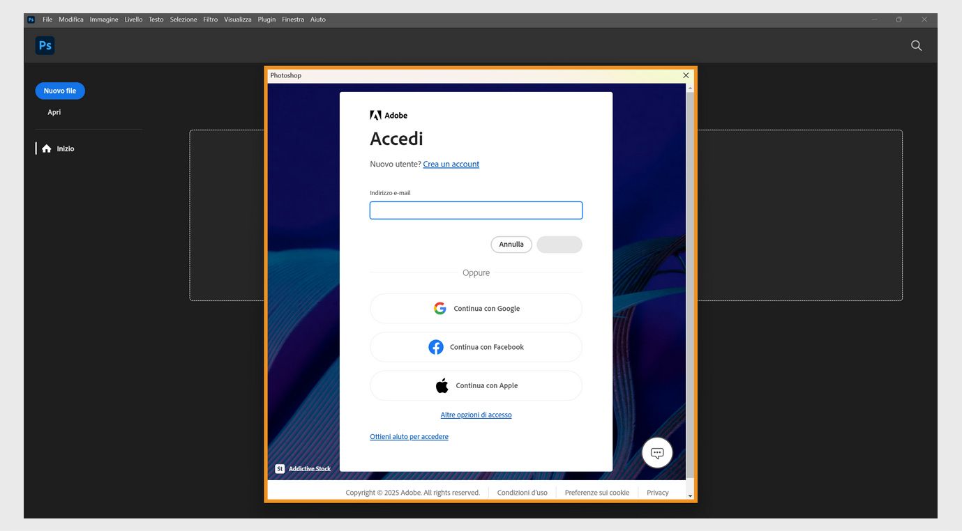 Il prompt di accesso nelle applicazioni Creative Cloud mostra il campo per inserire l’indirizzo e-mail e le opzioni per continuare o annullare, ottenere assistenza per l’accesso, creare un nuovo account e accedere utilizzando un account social.