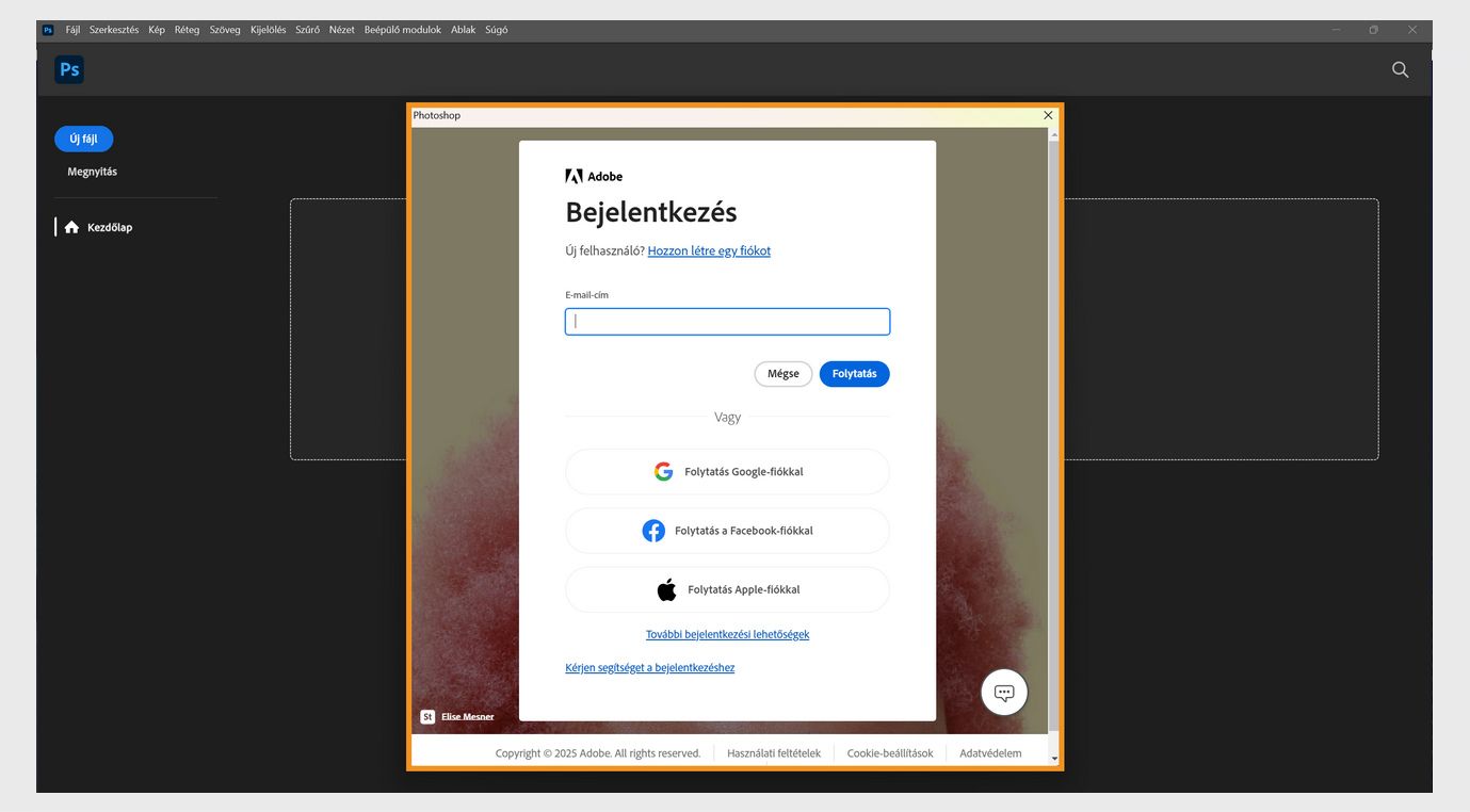 A Creative Cloud alkalmazásokban megjelenő bejelentkezési utasítás tartalmazza az e-mail cím beírására szolgáló mezőt, valamint a folytatás vagy Mégse, a bejelentkezési segítség kérése, új fiók létrehozása és közösségi fiókkal való bejelentkezés opciókat. 