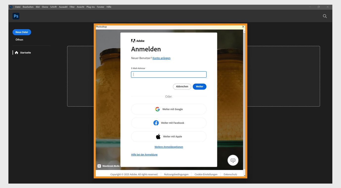 Die Anmeldebeschreibung in den Creative Cloud-Anwendungen zeigt das Feld zum Eingeben deiner E-Mail-Adresse und options zum Fortfahren oder Abbrechen, Hilfe beim Anmelden erhalten, ein neues Konto anlegen und mit einem Social-Media-Konto anmelden. 