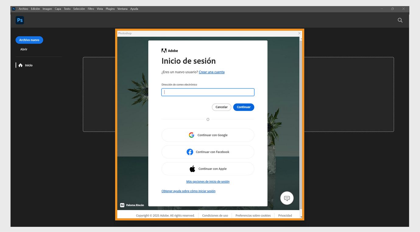 La indicación de inicio de sesión en las aplicaciones de Creative Cloud muestra el campo para escribir su correo electrónico y las opciones para continuar o cancelar, obtener ayuda para iniciar sesión, crear una nueva cuenta e iniciar sesión mediante una cuenta de redes sociales.