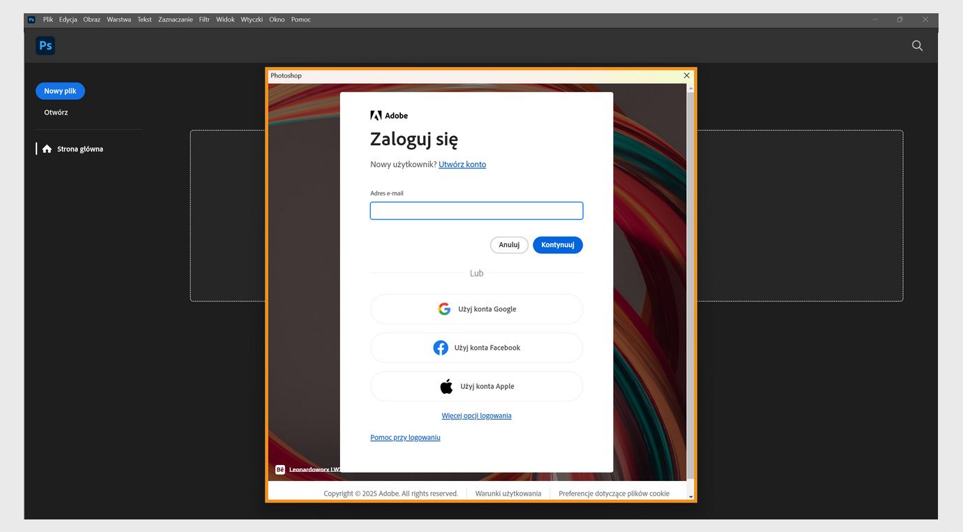 Monit o zalogowanie w aplikacjach Creative Cloud zawiera pole do wpisania adresu e-mail oraz opcje kontynuowania lub anulowania, uzyskania pomocy przy logowaniu, utworzenia nowego konta i zalogowania się za pomocą konta społecznościowego.