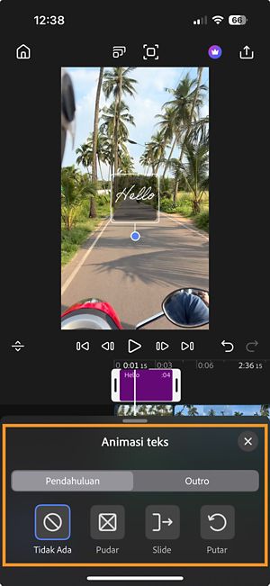Jendela animasi teks terbuka, menampilkan dua tab, Intro dan Outro, dengan opsi animasi: Tidak ada, Pudar, Geser dan Putar.