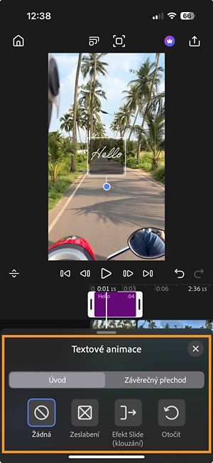 Otevře se okno textových animací se dvěma kartami, Intro a Outro, s možnostmi animace Žádný, Zeslabení, Snímek a Otočení.