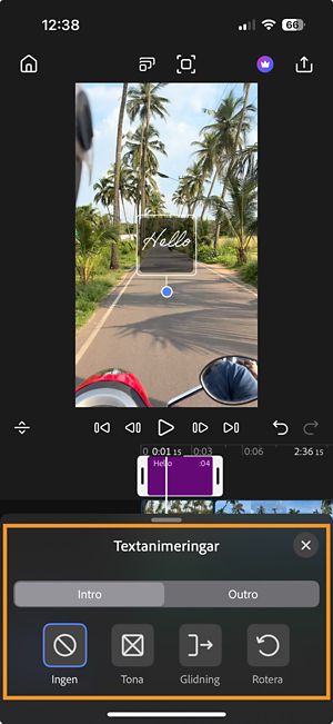 Fönstret för textanimeringar öppnas och visar två flikar, Intro och Outro, med animeringsalternativen Ingen, Nedtonande, Flytande och Roterande.