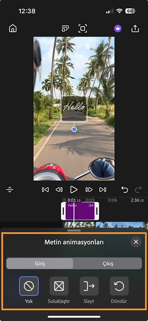 Metin animasyonları penceresi açıkken; Açılış ve Kapanış olmak üzere iki sekme ile Yok, Solma, Kaydırma ve Döndürme animasyon seçenekleri gösterilir.