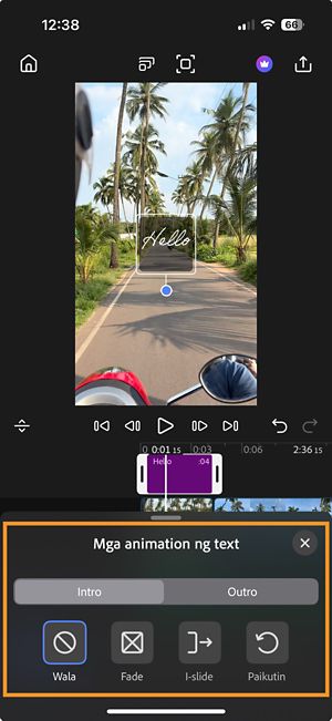 Bukas ang text animations window na may dalawang tab, Intro at Outro, kasama ang mga opsyon ng animation na None, Fade, Slide, at Rotate.
