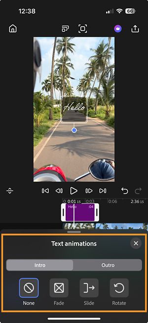 The text animations window open, showing two tabs, Intro and Outro, with animation options None, Fade, Slide, and Rotate.