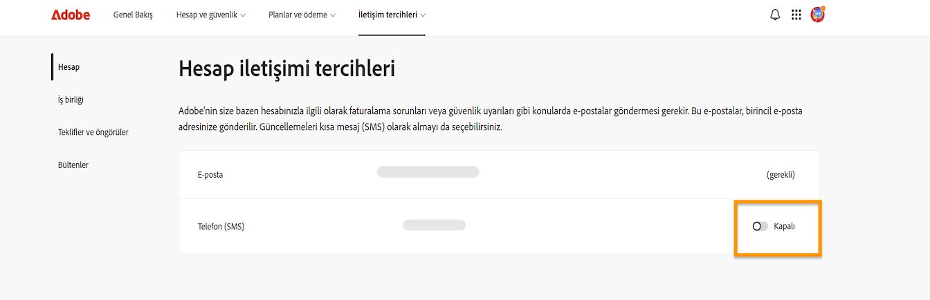 Ekranın sağ tarafında, Hesap iletişim tercihleri altında bulunan geçiş düğmesi, telefon bildirimlerini açmanızı veya kapatmanızı sağlar.