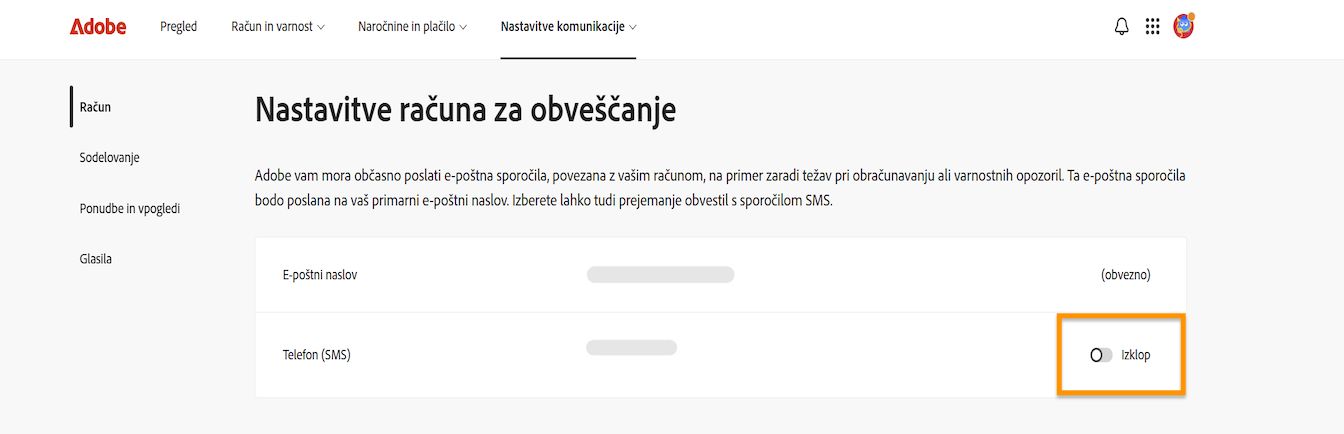 Gumb za preklop, ki se nahaja na desni strani zaslona pod nastavitvami komunikacije računa, omogoča vklop ali izklop telefonskih obvestil.