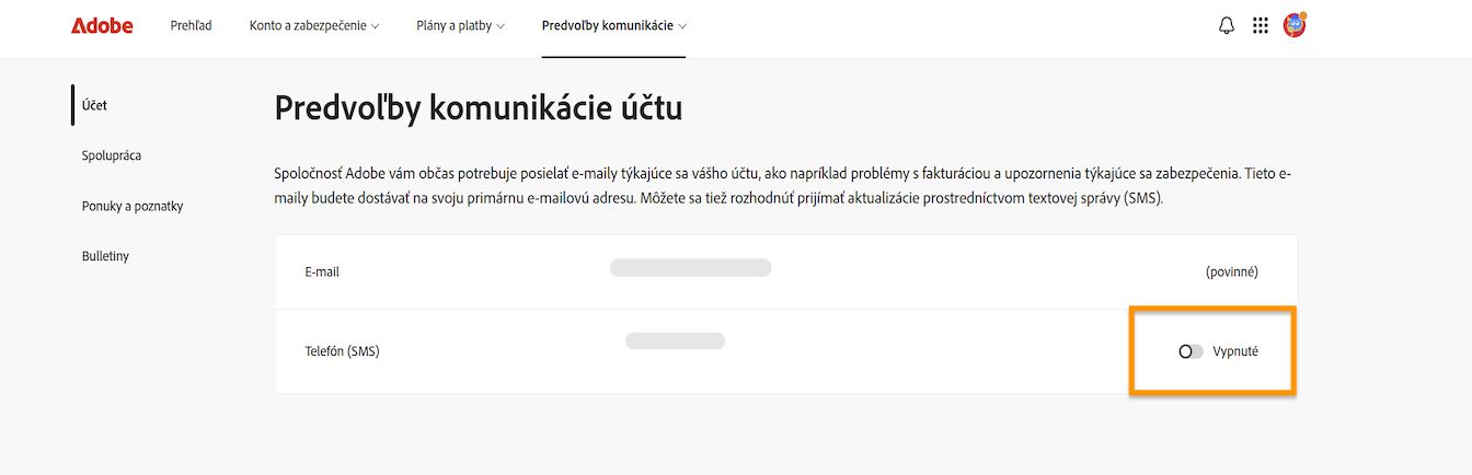 Tlačidlo prepínača, ktoré sa nachádza na pravej strane obrazovky pod Preferenciami komunikácie konta, vám umožňuje zapnúť alebo vypnúť telefónne oznámenia.
