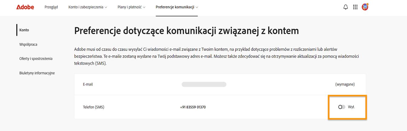Przycisk przełącznika, znajdujący się po prawej stronie ekranu w sekcji Preferencje komunikacji konta, umożliwia włączanie lub wyłączanie powiadomień telefonicznych.