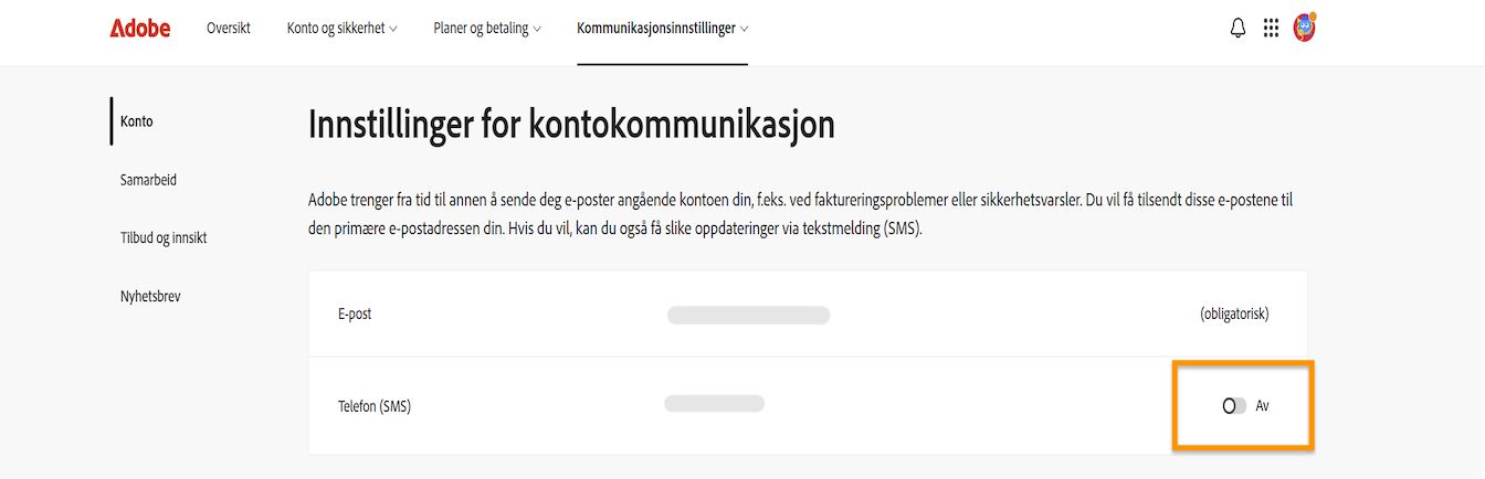 Veksleknappen, som er plassert på høyre side av skjermen under Kommunikasjonsinnstillinger for konto, lar deg slå telefonvarsler av eller på.