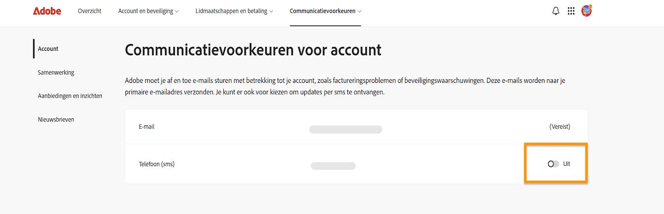 Met de schakelknop aan de rechterkant van het scherm onder Accountcommunicatievoorkeuren kun je telefoonmeldingen aan- of uitzetten.