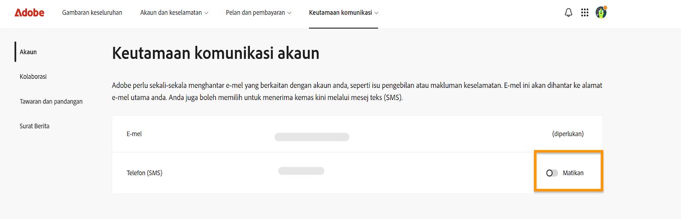 Butang togol, yang terletak di sebelah kanan skrin di bawah Keutamaan komunikasi akaun, membolehkan anda menghidupkan atau mematikan pemberitahuan telefon.