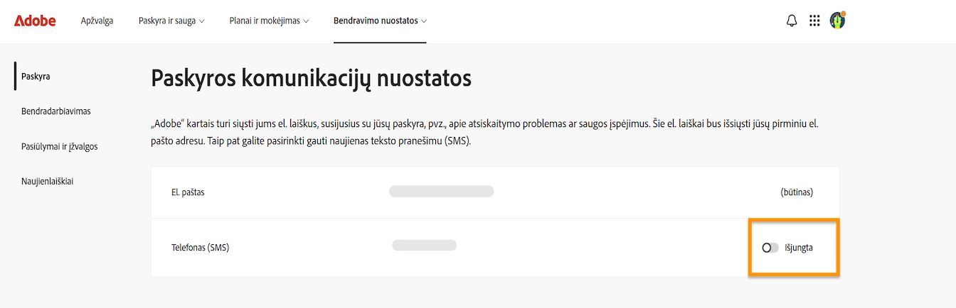Perjungimo mygtukas, esantis dešinėje ekrano pusėje po paskyros komunikacijos nuostatomis, leidžia įjungti arba išjungti telefonu siunčiamus pranešimus.