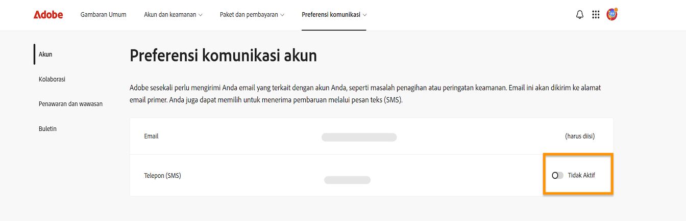 Tombol toggle, yang terletak di sisi kanan layar di bawah Preferensi komunikasi akun, memungkinkan Anda mengaktifkan atau menonaktifkan notifikasi telepon.