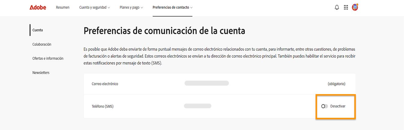 Con el botón conmutador, situado en la parte derecha de la pantalla en Preferencias de comunicación de la cuenta, se pueden activar o desactivar las notificaciones por teléfono.