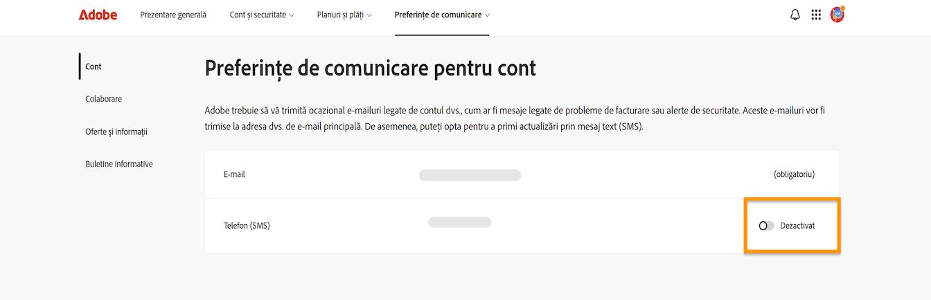 Butonul comutator, situat în partea dreaptă a ecranului sub Preferințe de comunicare cont, vă permite să activați sau să dezactivați notificările telefonice.