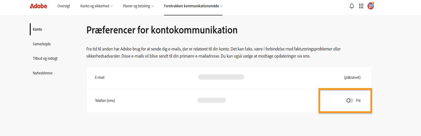 Skifteknappen, der er placeret på højre side af skærmen under Kontokommunikationspræferencer, giver dig mulighed for at slå telefonnotifikationer til eller fra.