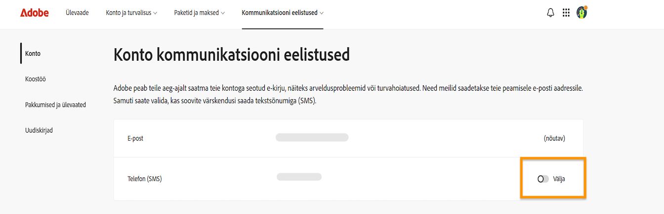 Lülitinupp, mis asub ekraani paremal küljel jaotise Konto suhtluseelistused all, võimaldab teil telefoniteatised sisse või välja lülitada.