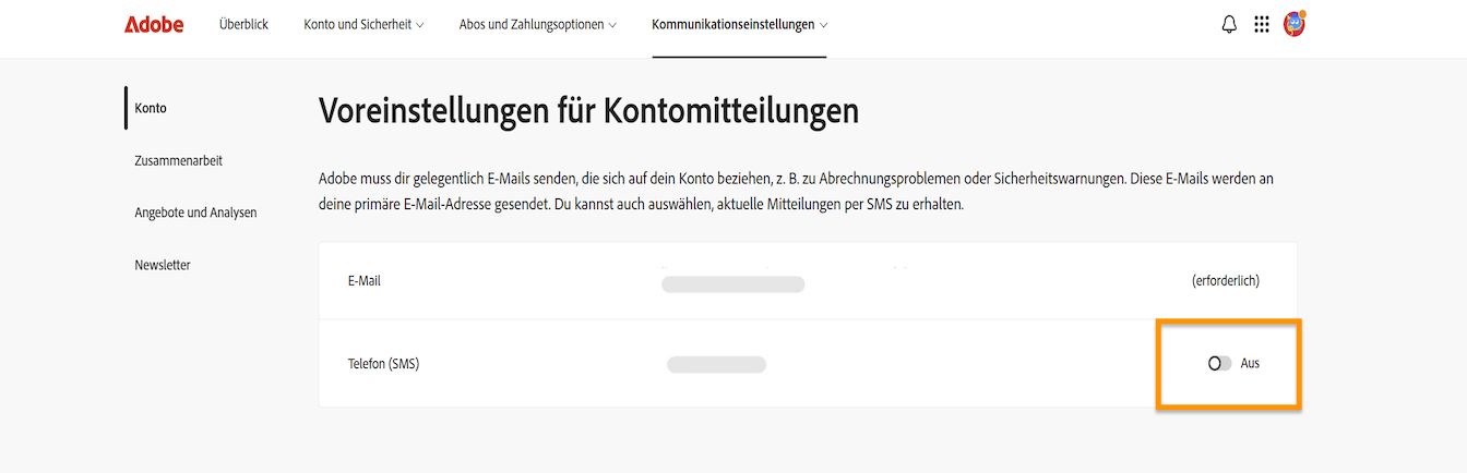 Die Umschaltfläche auf der rechten Seite des Bildschirms unter den Kommunikationseinstellungen für das Konto ermöglicht es dir, Telefonbenachrichtigungen zu aktivieren oder zu deaktivieren.