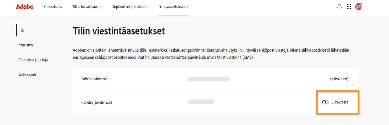 Näytön oikealla puolella olevan Tilin viestintäasetukset -osion alla näkyy vaihtopainike, jolla voit ottaa mobiili-ilmoitukset käyttöön tai poistaa ne käytöstä.