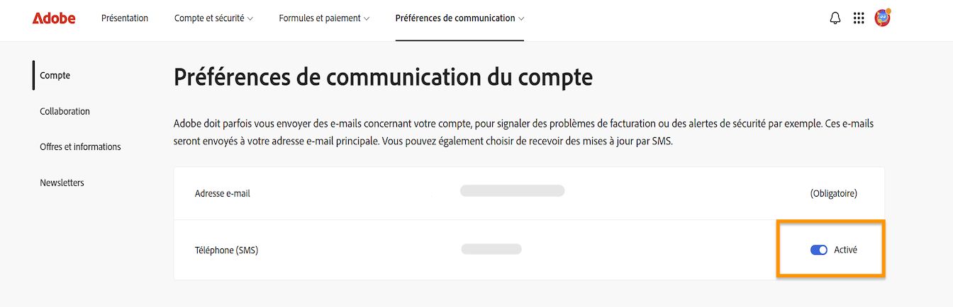 Le bouton bascule, situé sur le côté droit de l’écran sous Préférences de communication du compte, vous permet d’activer ou de désactiver les notifications téléphoniques.